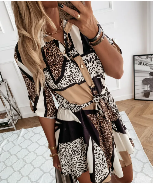 Women's Animal Print Shirt Dress – Button Front Tie Waist Dress