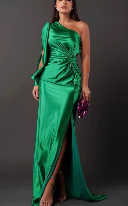Women's One Shoulder Maxi Dress – Bow Detail Side Split Evening Dress