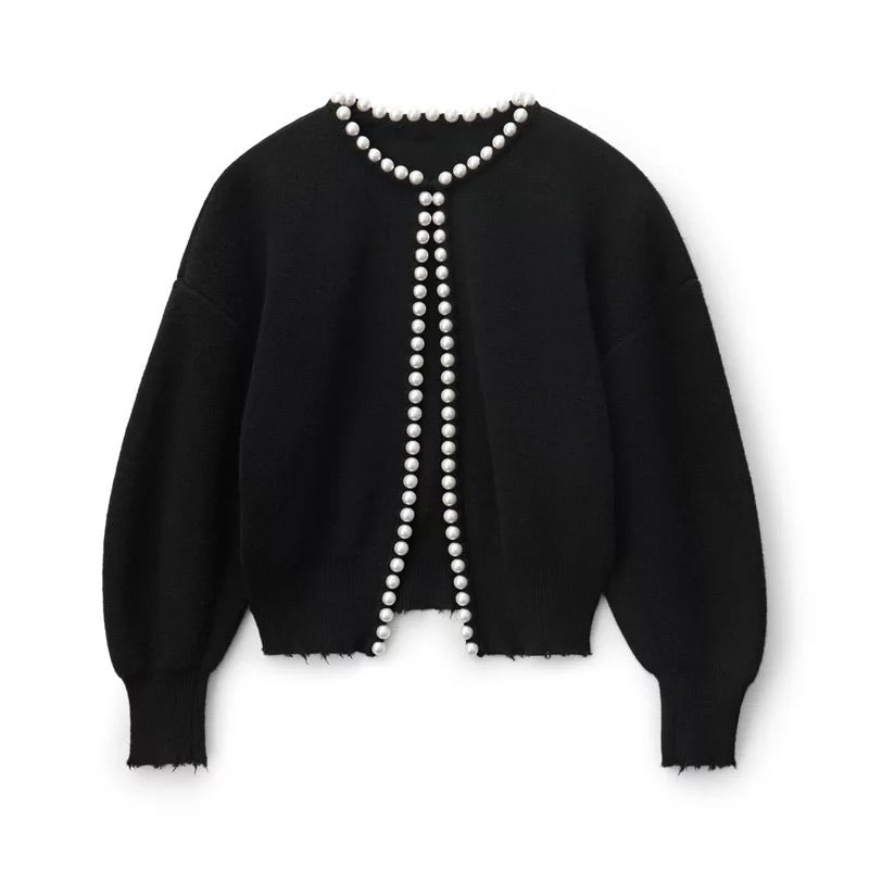 Women's Pearl Button Cardigan – V-Neck Pearl Embellished Cardigan
