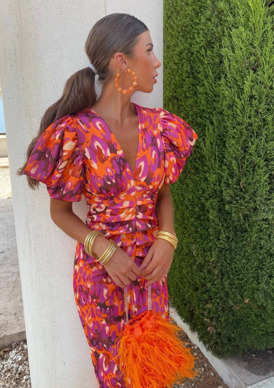 Women's V-Neck Summer Dress – Flowy Short Sleeve Ruffle Dress