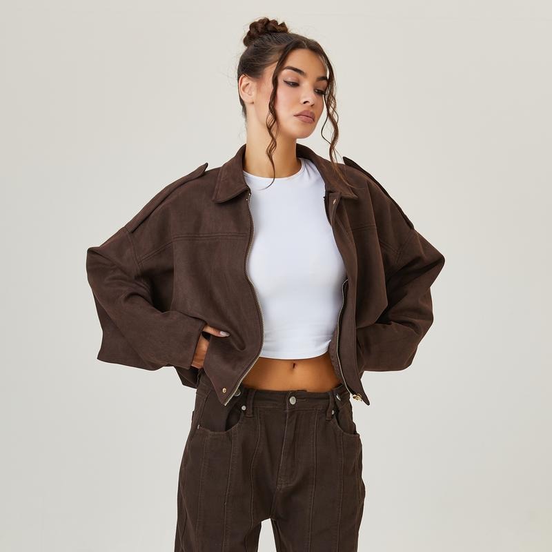 Women's Faux Suede Bomber Jacket – Casual Flight Jacket