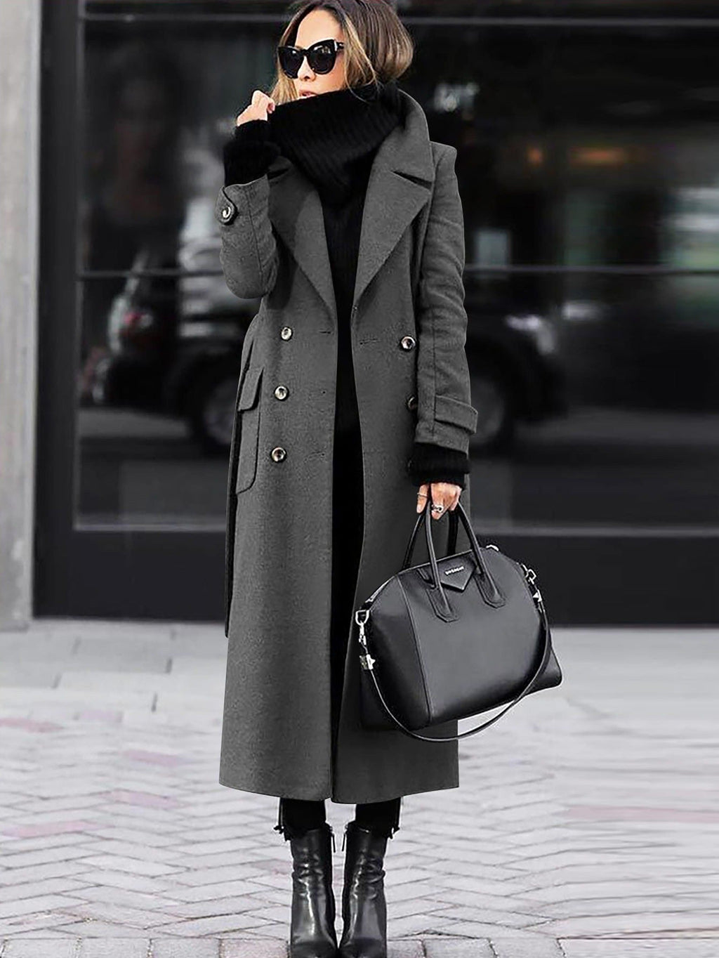 Women's Full Length Double-Breasted Coat – Tailored Lapel Overcoat