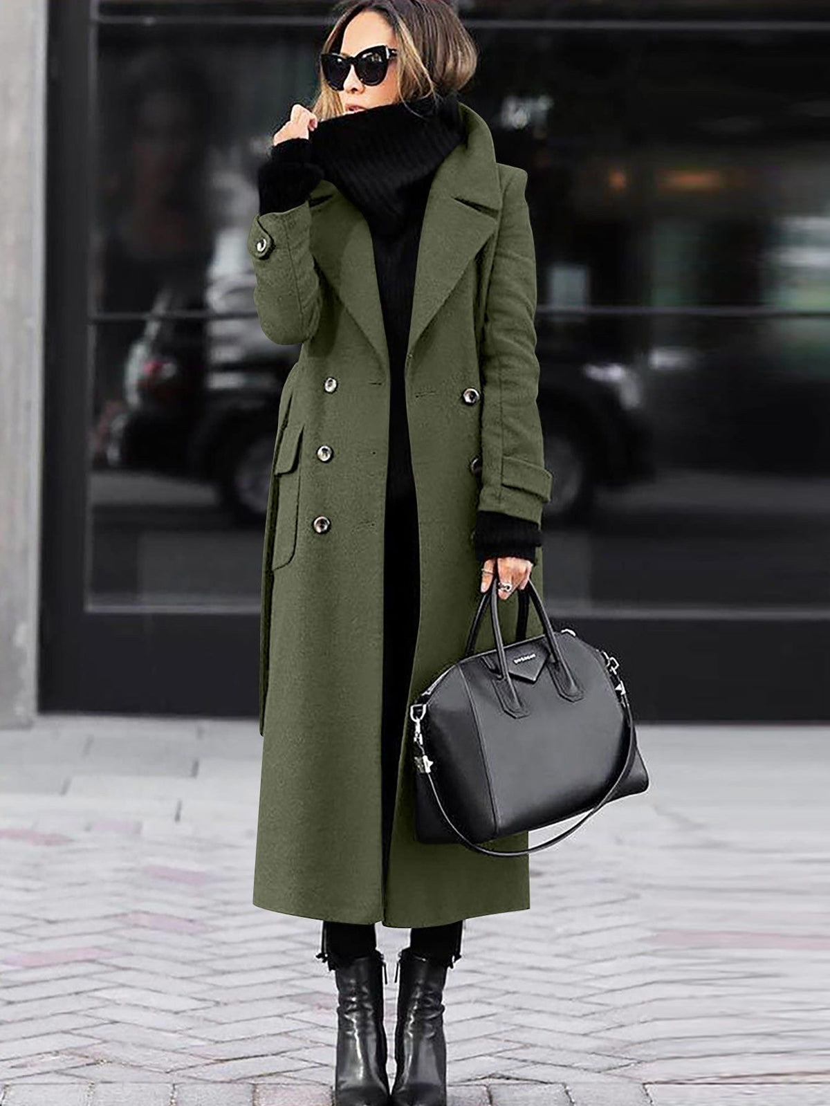 Women's Full Length Double-Breasted Coat – Tailored Lapel Overcoat