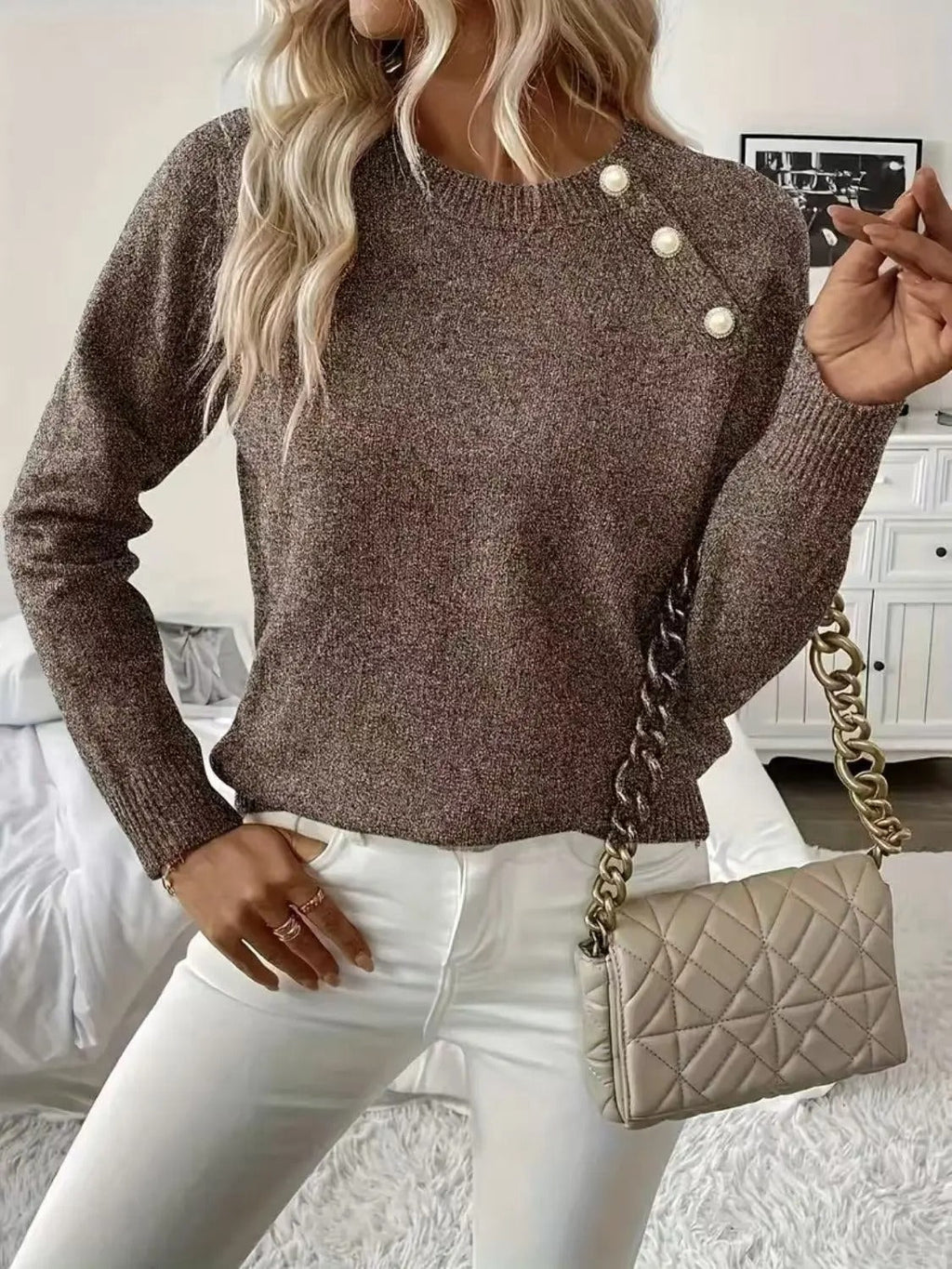 Women's Pearl Embellished Sweater – Decorative Pearl Knit Pullover