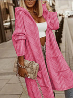 Women's Long Hooded Cardigan – Textured Cold Weather Cardigan