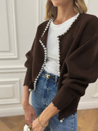 Women's Pearl Trim Cardigan – Distressed Hem Knit Cardigan