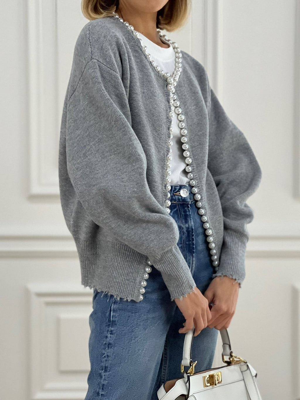 Women's Pearl Trim Cardigan – Distressed Hem Knit Cardigan
