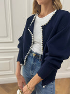 Women's Pearl Trim Cardigan – Distressed Hem Knit Cardigan