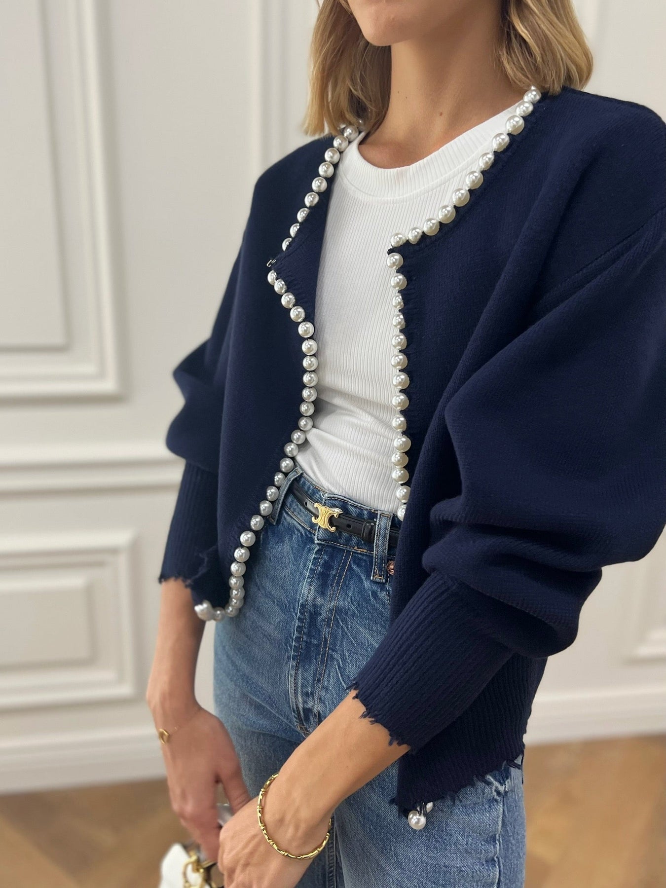 Women's Pearl Trim Cardigan – Distressed Hem Knit Cardigan