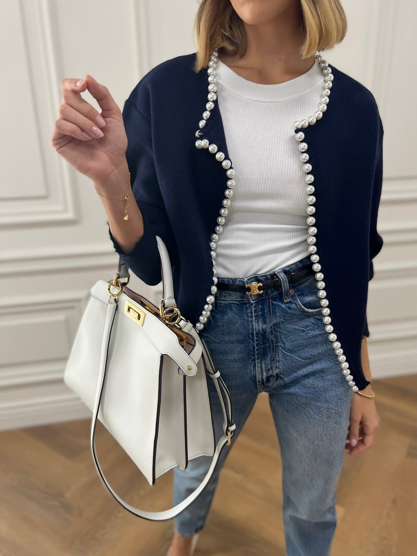Women's Pearl Trim Cardigan – Distressed Hem Knit Cardigan