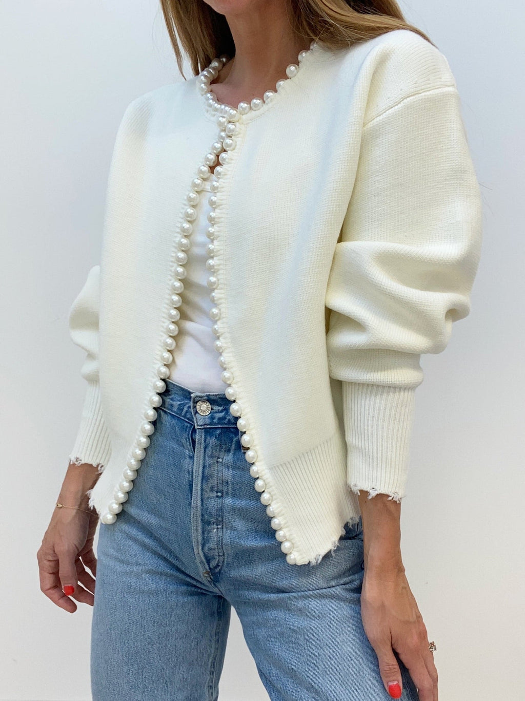 Women's Pearl Trim Cardigan – Distressed Hem Knit Cardigan
