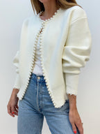Women's Pearl Trim Cardigan – Distressed Hem Knit Cardigan