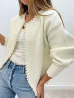 Women's Pearl Trim Cardigan – Distressed Hem Knit Cardigan