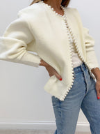 Women's Pearl Trim Cardigan – Distressed Hem Knit Cardigan