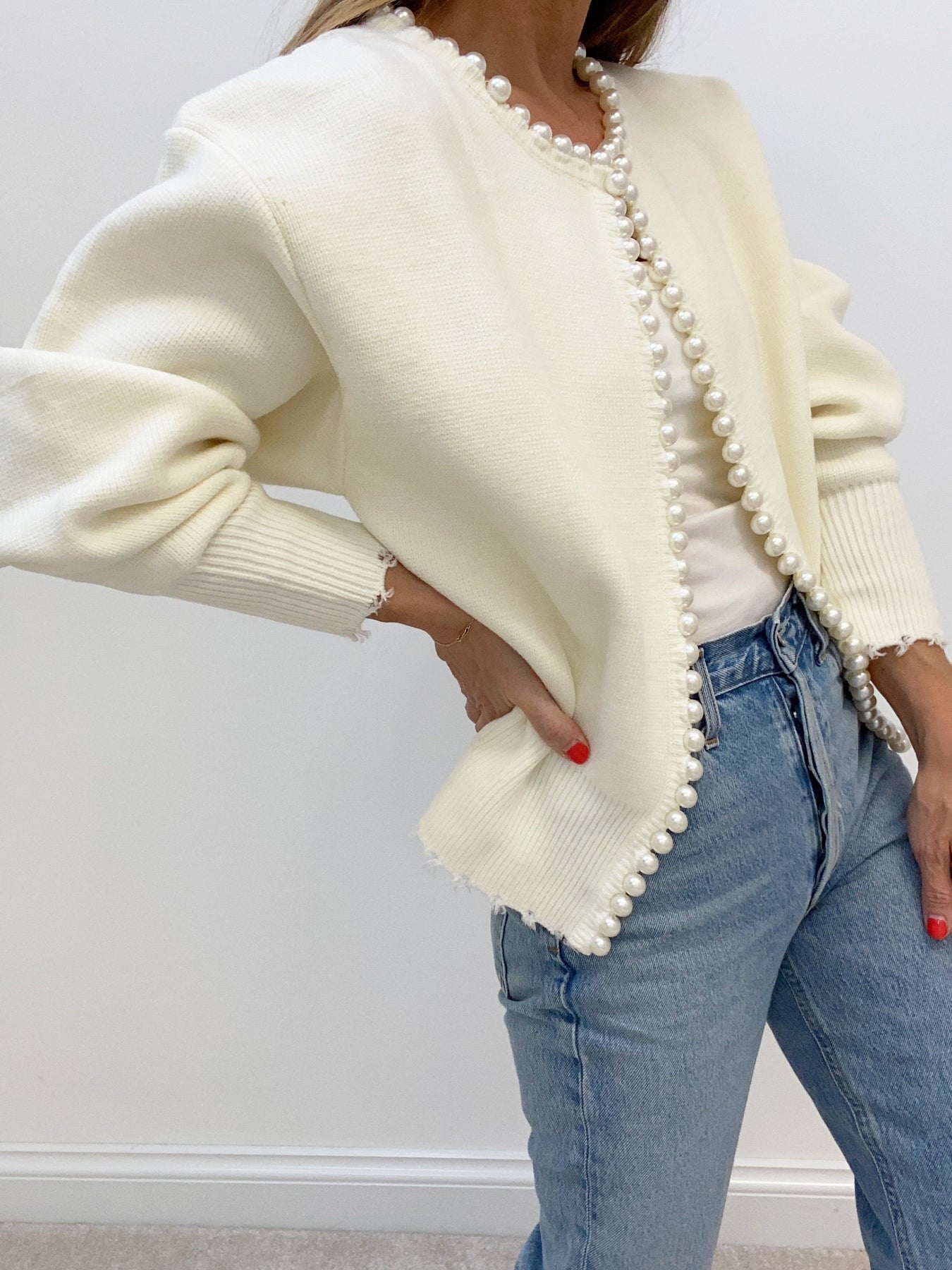 Women's Pearl Trim Cardigan – Distressed Hem Knit Cardigan