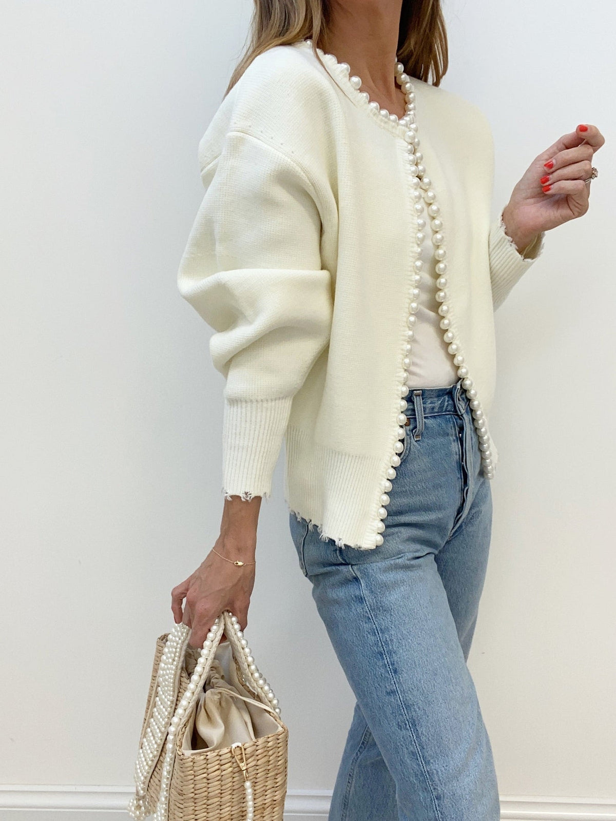 Women's Pearl Trim Cardigan – Distressed Hem Knit Cardigan