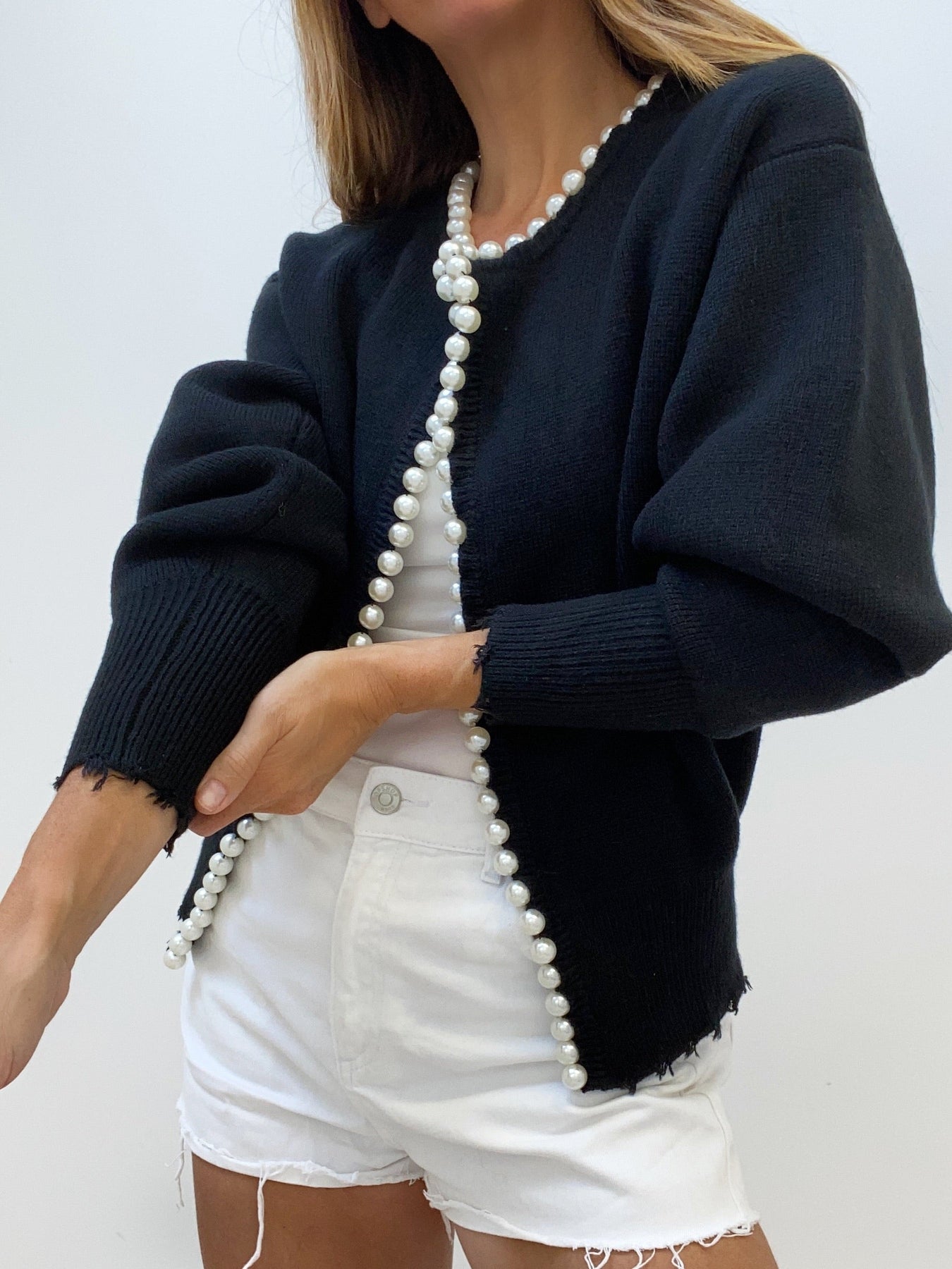 Women's Pearl Trim Cardigan – Distressed Hem Knit Cardigan