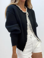 Women's Pearl Trim Cardigan – Distressed Hem Knit Cardigan