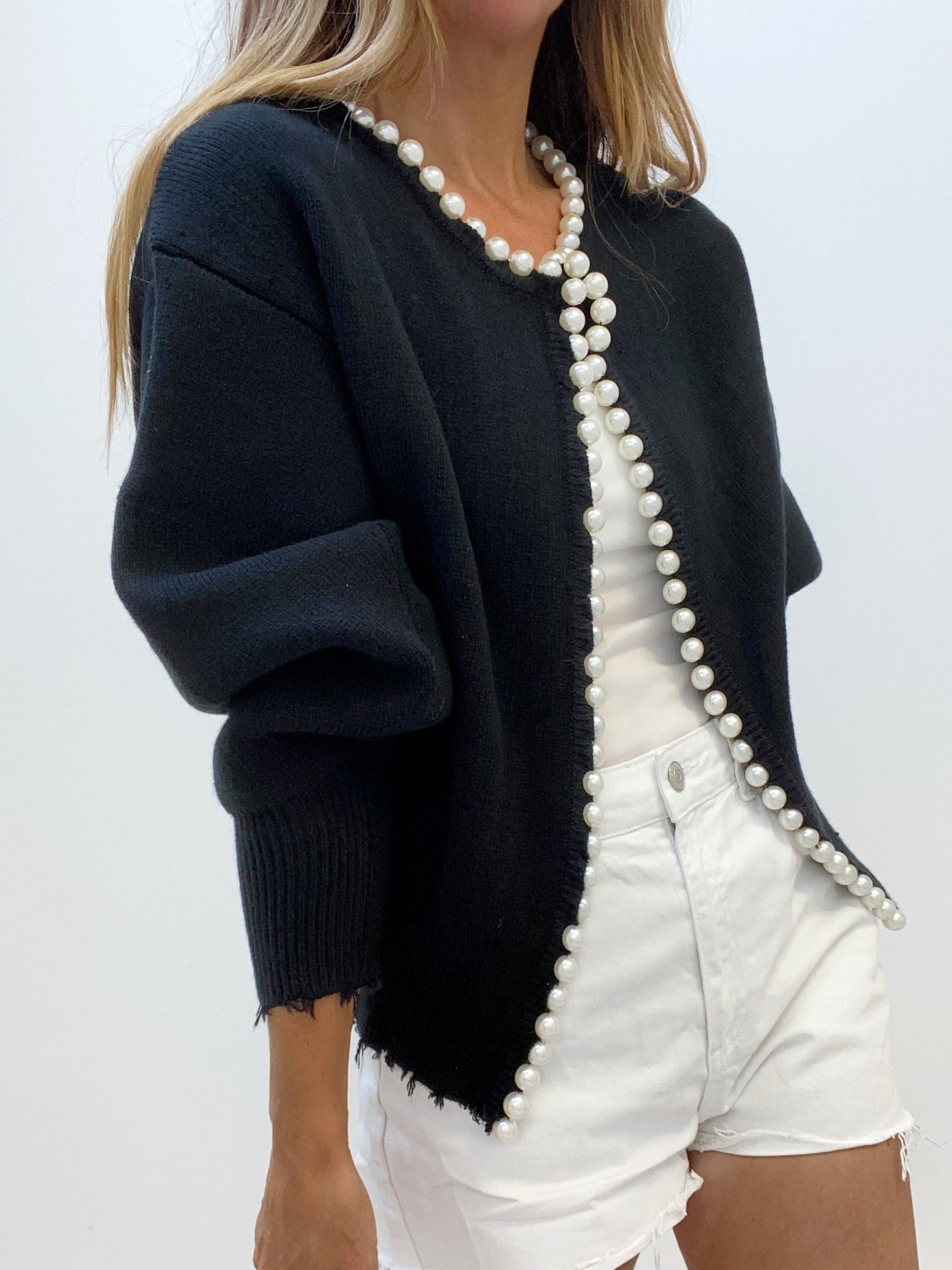 Women's Pearl Trim Cardigan – Distressed Hem Knit Cardigan