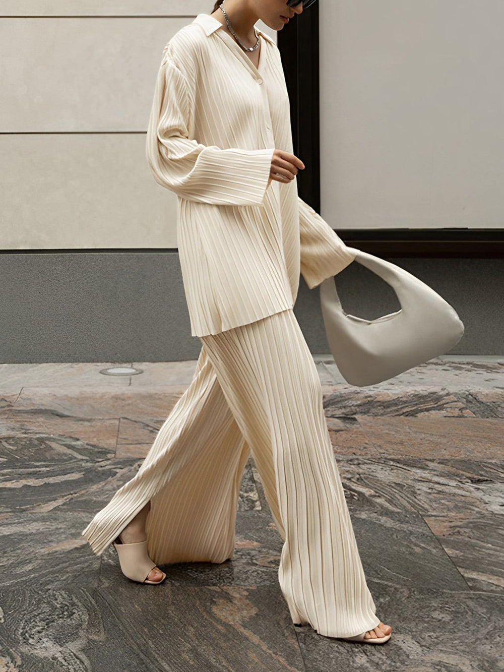 Women's Pleated Loungewear Set – Relaxed Blouse and Wide Leg Trousers Set