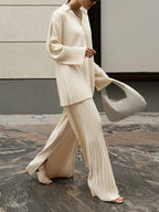 Women's Pleated Loungewear Set – Relaxed Blouse and Wide Leg Trousers Set