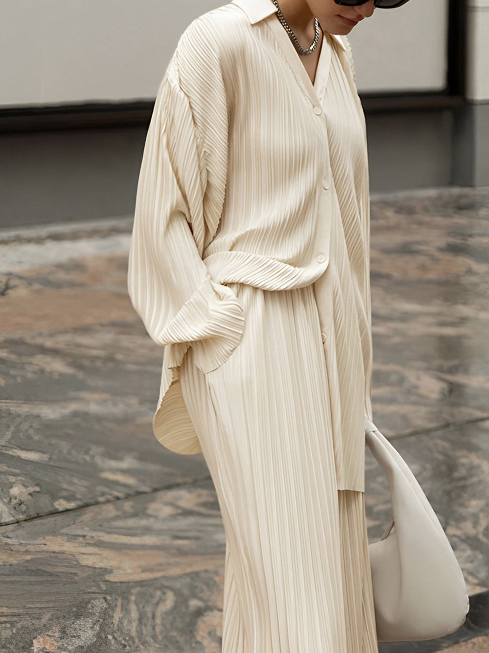 Women's Pleated Loungewear Set – Relaxed Blouse and Wide Leg Trousers Set