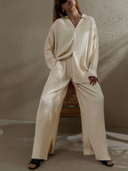Women's Pleated Loungewear Set – Relaxed Blouse and Wide Leg Trousers Set