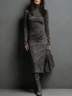 Women's Suede Effect Midi Dress – Elegant High Neck Dress