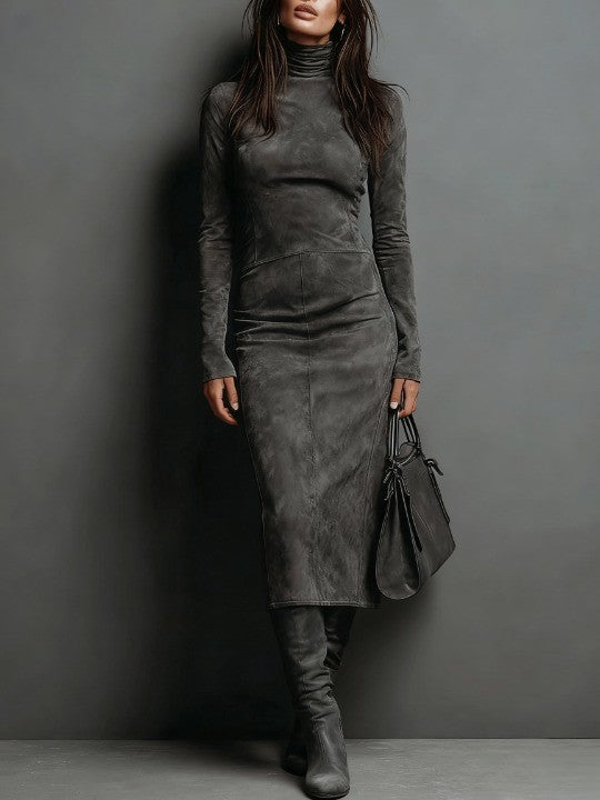 Women's Suede Effect Midi Dress – Elegant High Neck Dress