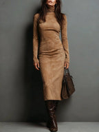 Women's Suede Effect Midi Dress – Elegant High Neck Dress