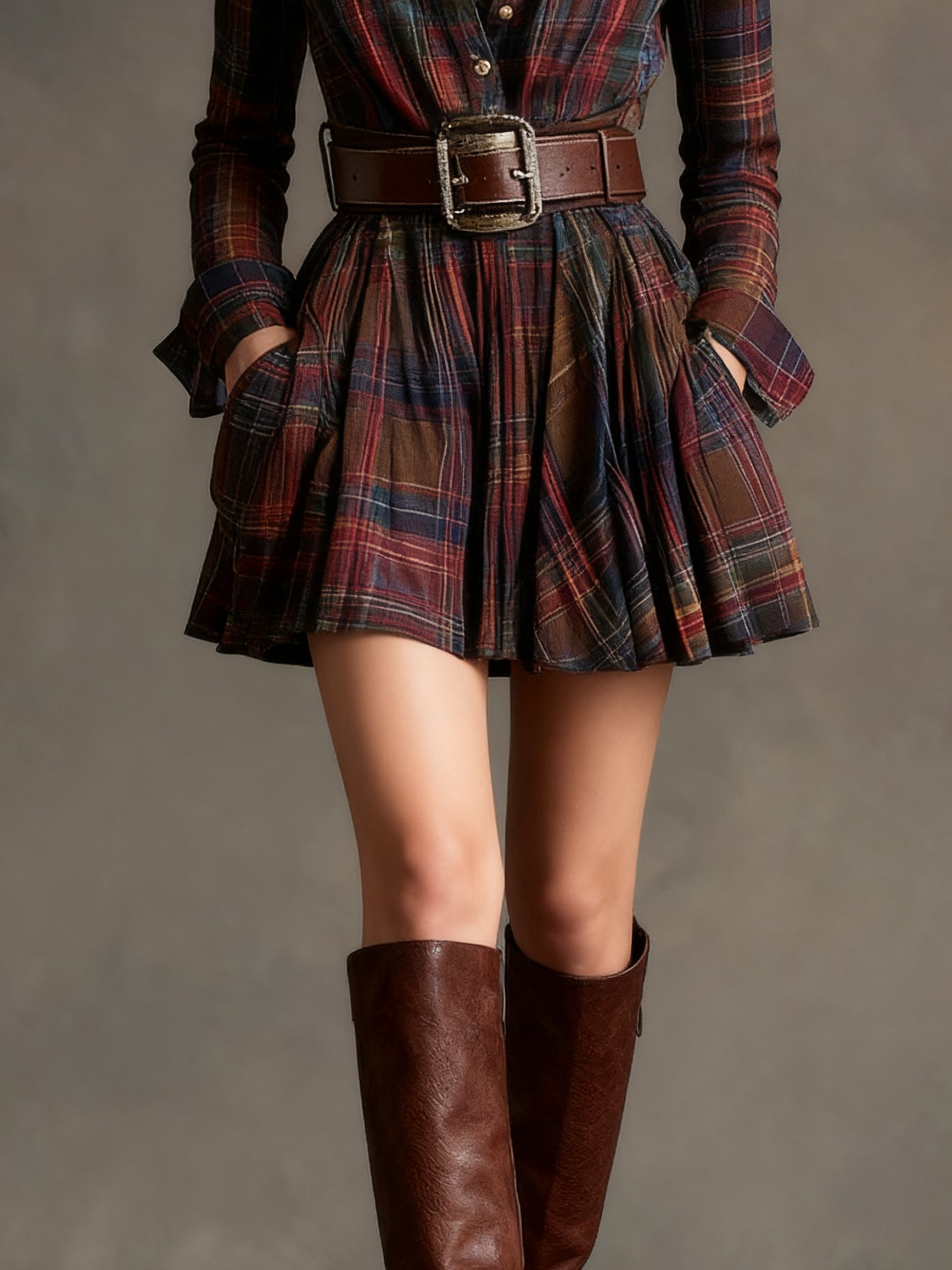 Women's Plaid Mini Dress – Button Front Shirt Dress