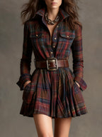 Women's Plaid Mini Dress – Button Front Shirt Dress