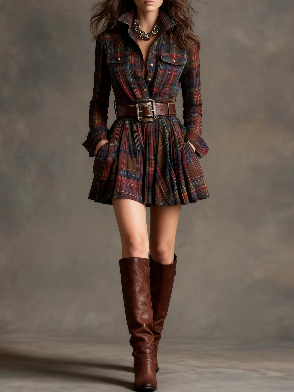Women's Plaid Mini Dress – Button Front Shirt Dress