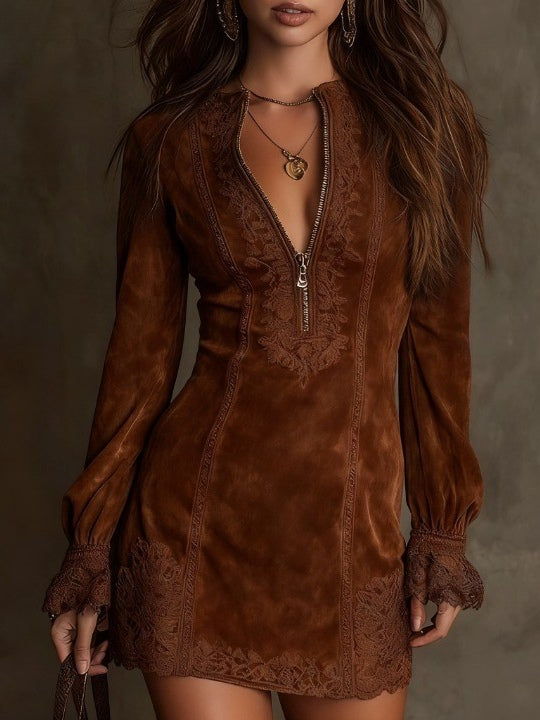 Women's Suede Effect Mini Dress – Lace Detail Party Dress
