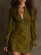 Women's Suede Effect Mini Dress – Lace Detail Party Dress