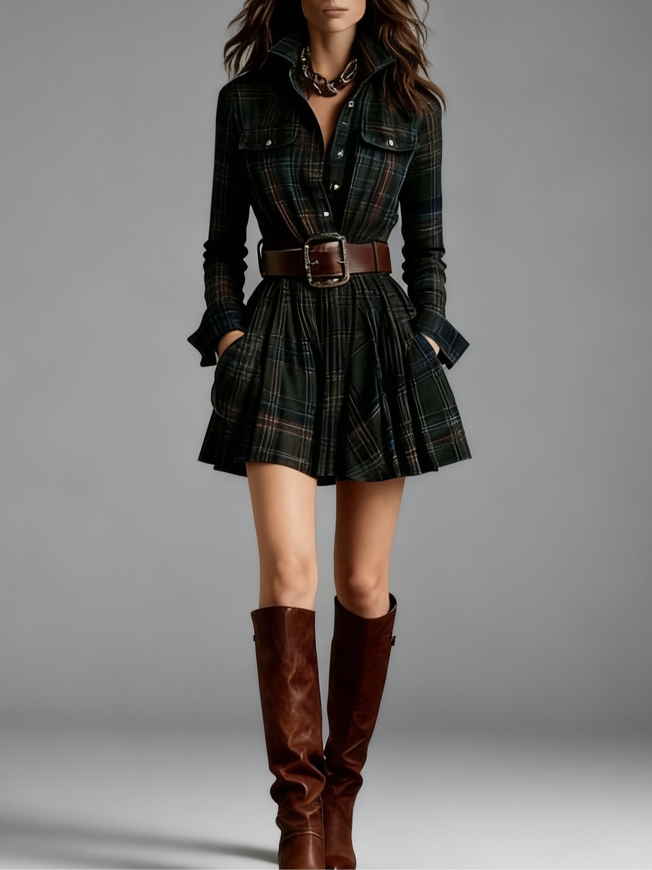 Women's Plaid Mini Dress – Button Front Shirt Dress