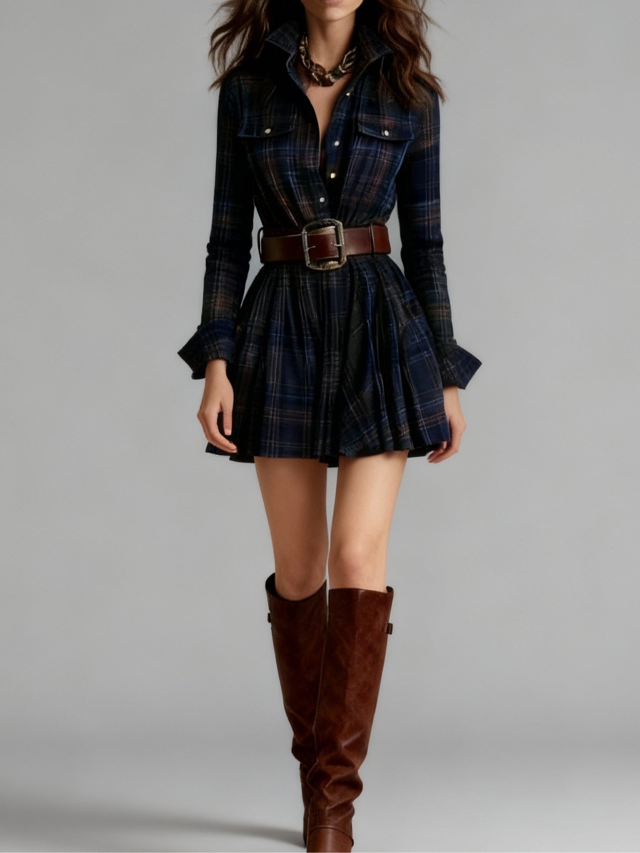 Women's Plaid Mini Dress – Button Front Shirt Dress