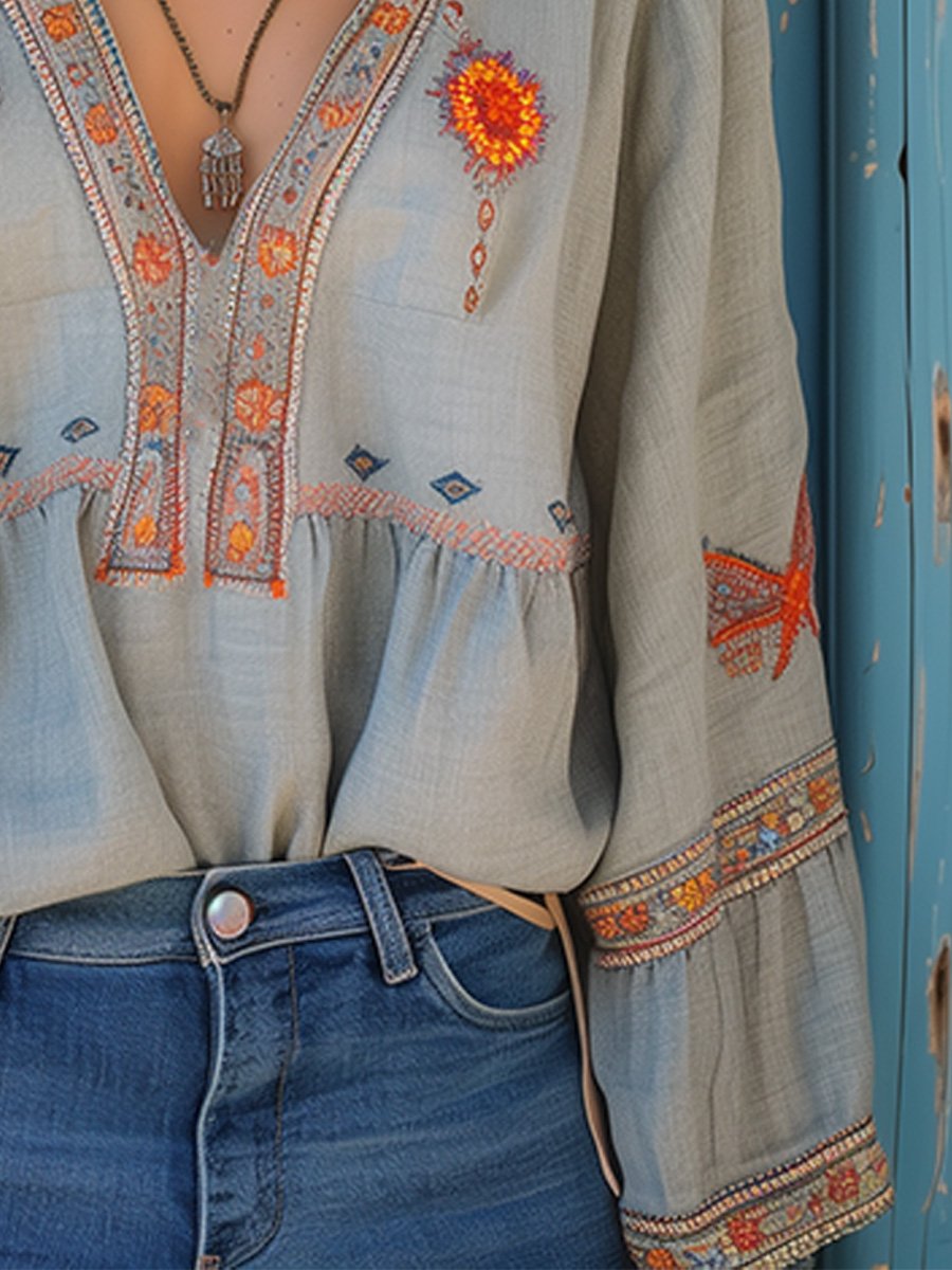 Women's V-Neck Boho Print Blouse – Relaxed Patterned Blouse