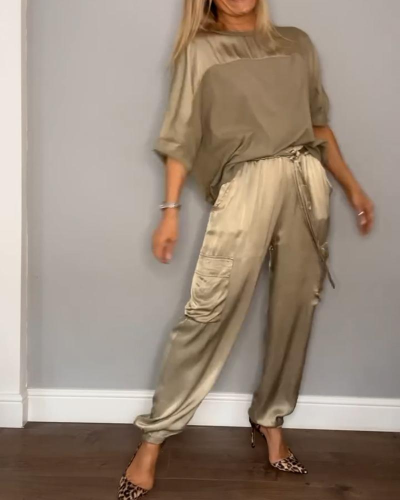 Women's High Waist Cargo Set – Shiny Pocket Pants and Relaxed Top Set