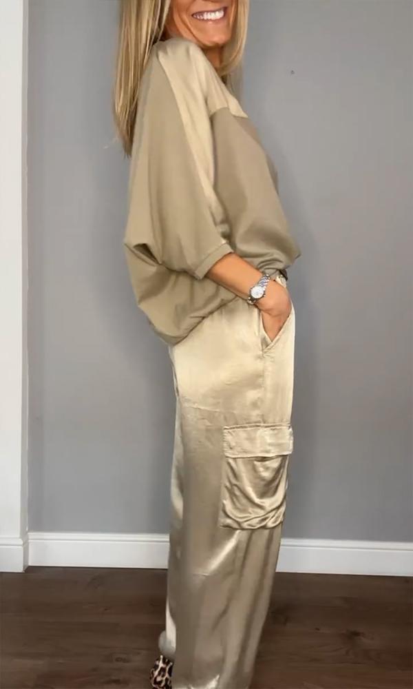Women's High Waist Cargo Set – Shiny Pocket Pants and Relaxed Top Set