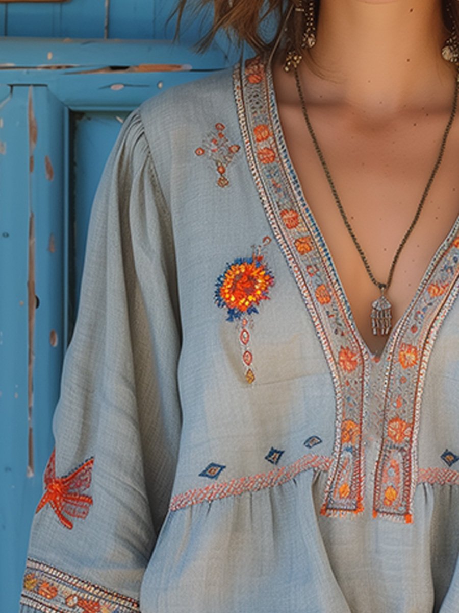 Women's V-Neck Boho Print Blouse – Relaxed Patterned Blouse