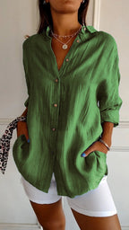 Women's Pleated Button Blouse – Relaxed Long Sleeve Shirt Blouse
