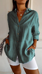 Women's Pleated Button Blouse – Relaxed Long Sleeve Shirt Blouse