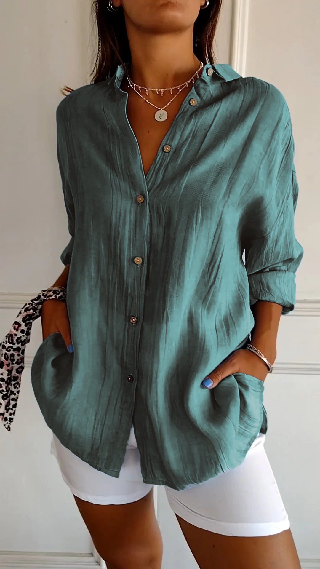Women's Pleated Button Blouse – Relaxed Long Sleeve Shirt Blouse