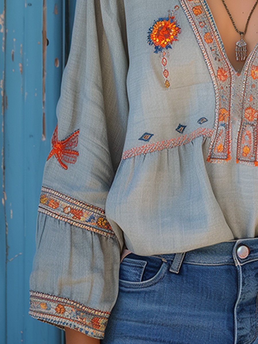 Women's Autumn Boho Print Blouse – Relaxed Patterned Blouse