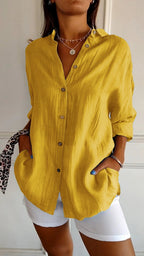Women's Pleated Button Blouse – Relaxed Long Sleeve Shirt Blouse