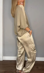 Women's High Waist Cargo Set – Shiny Pocket Pants and Relaxed Top Set