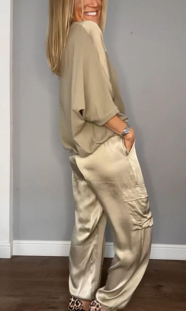 Women's High Waist Cargo Set – Shiny Pocket Pants and Relaxed Top Set