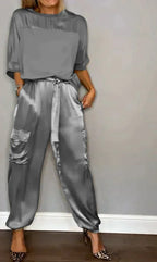 Women's Wide Leg Jumpsuit Set – Cold Shoulder Top & Tailored Jumpsuit