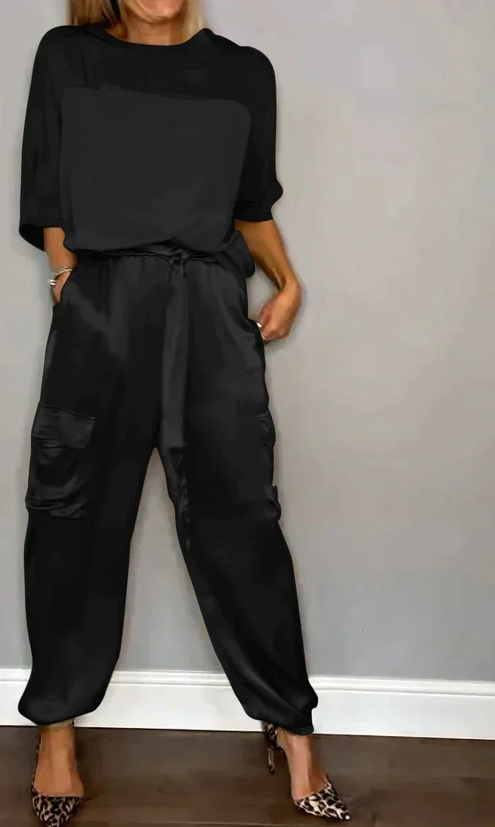 Women's Wide Leg Jumpsuit Set – Cold Shoulder Top & Tailored Jumpsuit